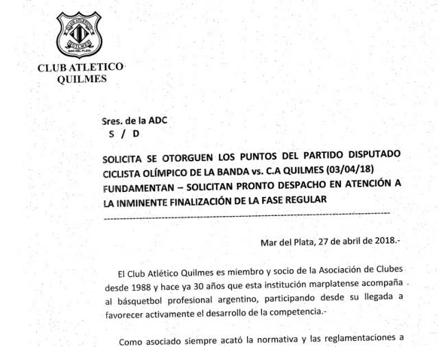 Quilmes le pide a la AdC el partido de Ol�mpico